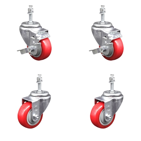 Service Caster 3 Inch SS Red Polyurethane Swivel 10mm Threaded Stem Caster Brakes, 2PK SSTS20S314-PPUB-RED-TLB-M1015-2-S-2